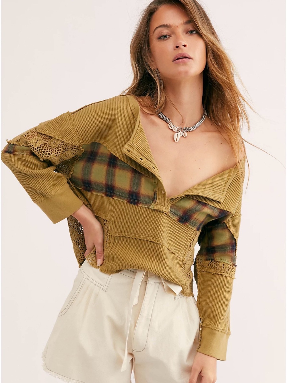 We the Free Nina Plaid Crochet Henley Cropped Tee